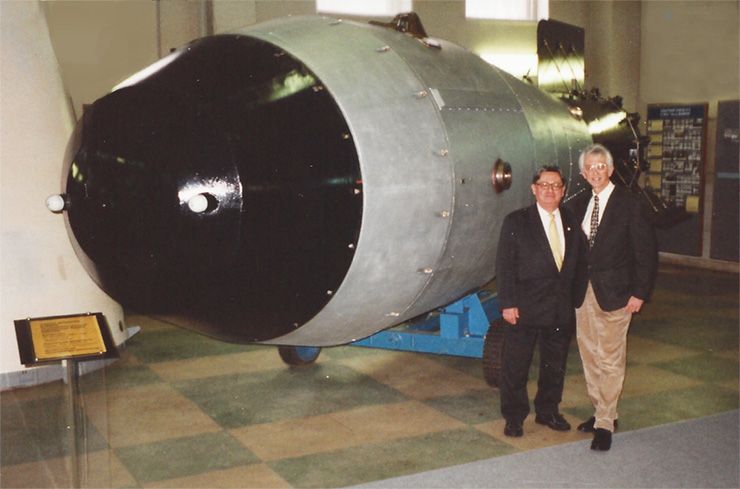 Academician Yuri Trutnev (left) and Sig Hecker with the aeroshell of Tsar Bomba in the VNIIEF Nuclear Weapons Museum.