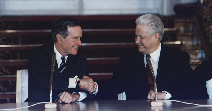 Presidents Bush and Yeltsin after the signing of START II in Moscow, Russia, on January 3, 1993.