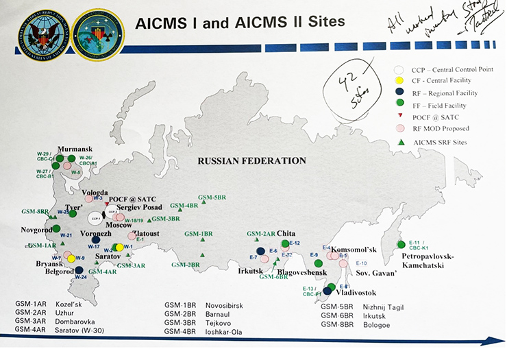 Figure 2: map showing AICMS Phase I and Phase II facilities as well as SRF sites along with the author’s notes indicating the sites accounted for all tactical and strategic warheads in the inventory.